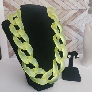 Chunky Yellow Acrylic Chain Link Statement Necklace Earrings Set New